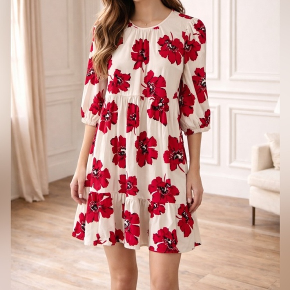 BA&SH Katia Floral Red Cream French Cottagecore Puff Sleeve Mini Dress